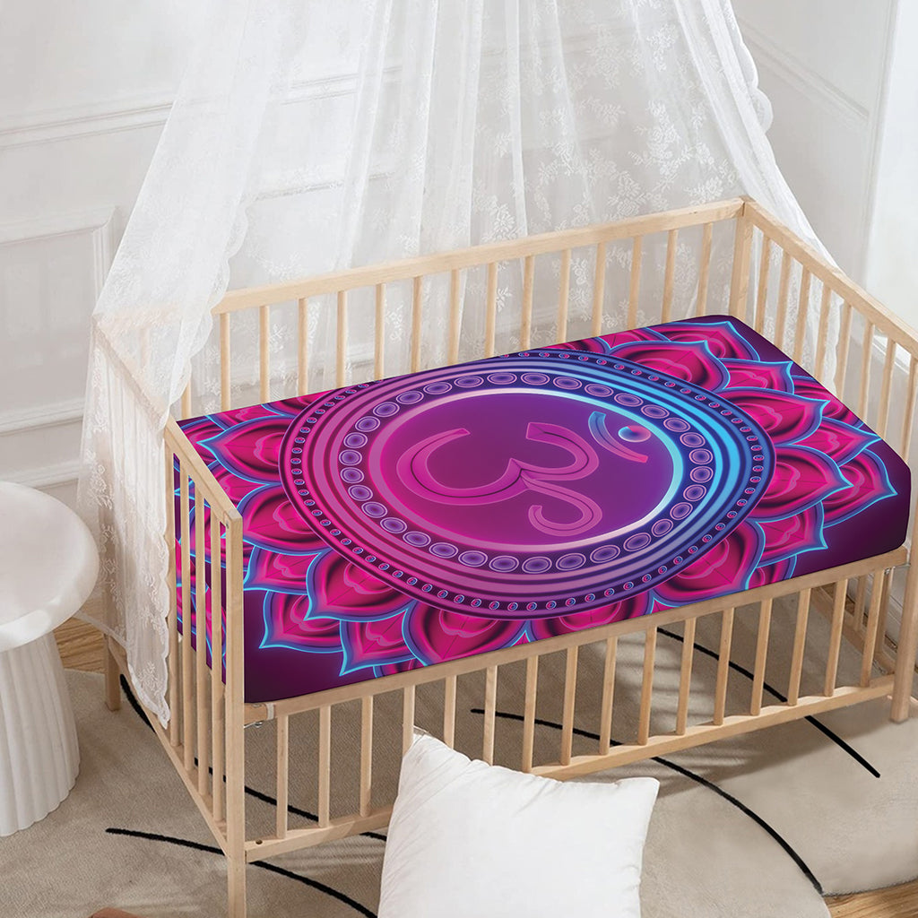 Purple And Teal Om Mandala Print Baby Crib Sheet