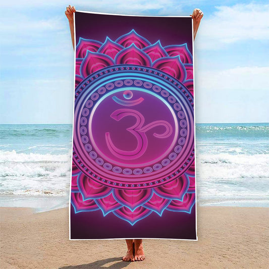 Purple And Teal Om Mandala Print Beach Towel
