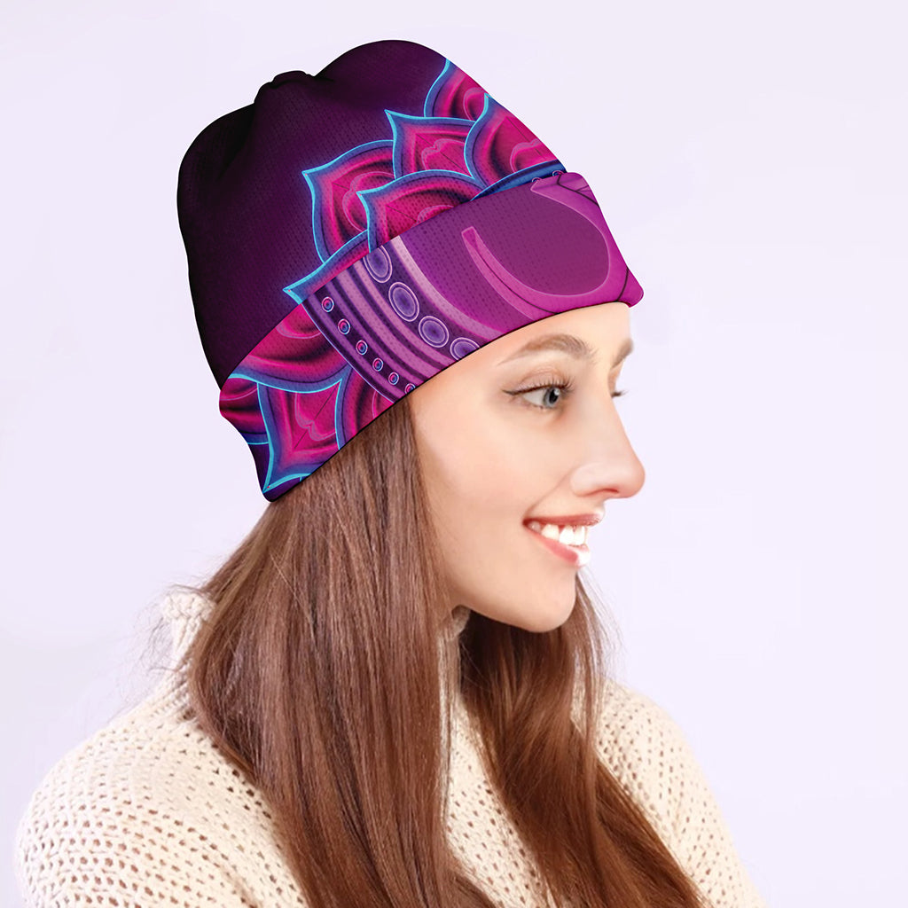 Purple And Teal Om Mandala Print Beanie