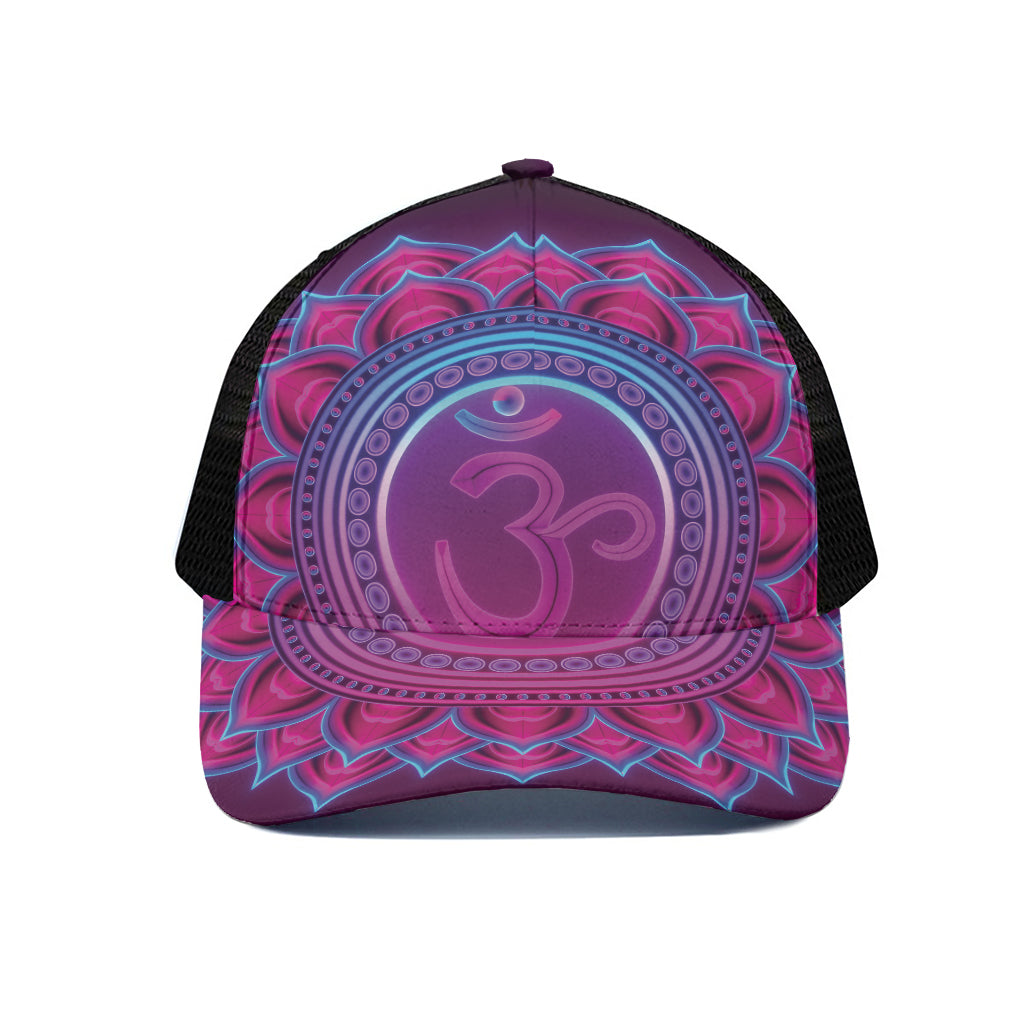 Purple And Teal Om Mandala Print Black Mesh Trucker Cap