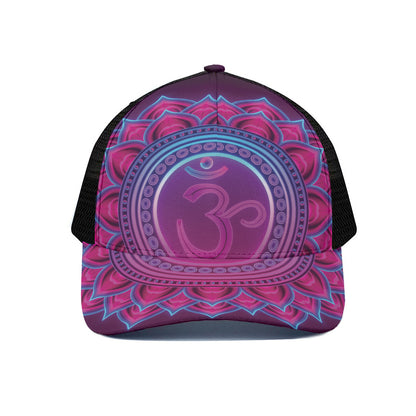 Purple And Teal Om Mandala Print Black Mesh Trucker Cap