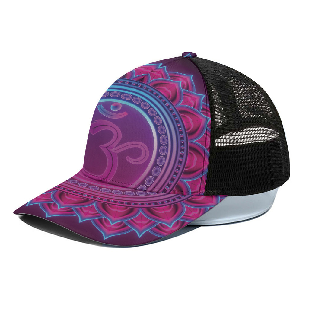 Purple And Teal Om Mandala Print Black Mesh Trucker Cap