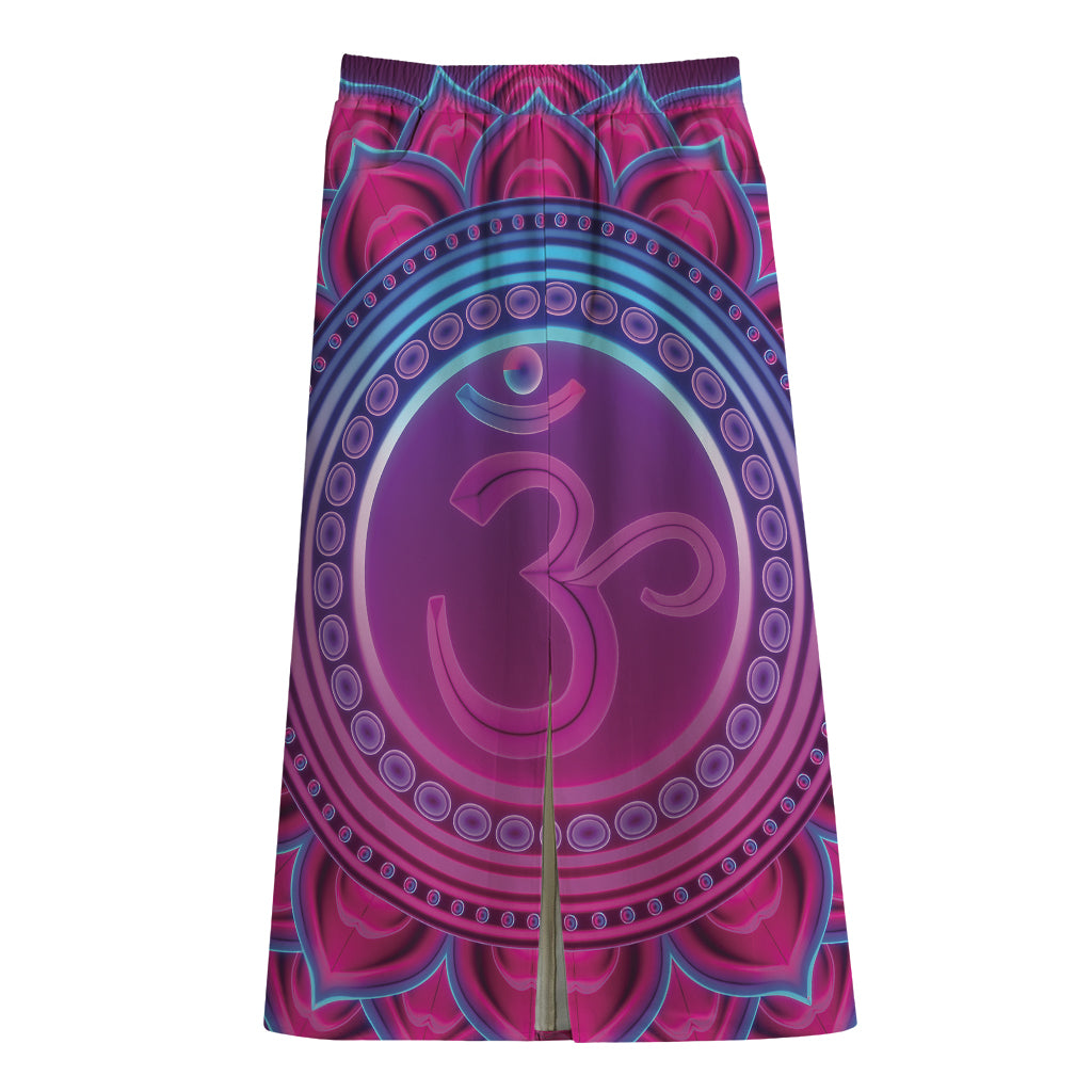 Purple And Teal Om Mandala Print Cotton Front Slit Maxi Skirt