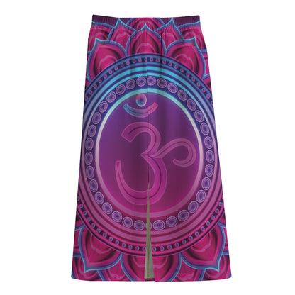 Purple And Teal Om Mandala Print Cotton Front Slit Maxi Skirt