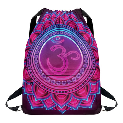 Purple And Teal Om Mandala Print Drawstring Backpack