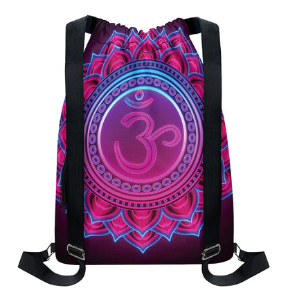 Purple And Teal Om Mandala Print Drawstring Backpack