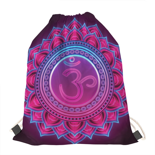 Purple And Teal Om Mandala Print Drawstring Bag