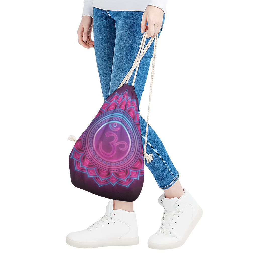 Purple And Teal Om Mandala Print Drawstring Bag