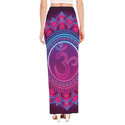 Purple And Teal Om Mandala Print High Slit Maxi Skirt