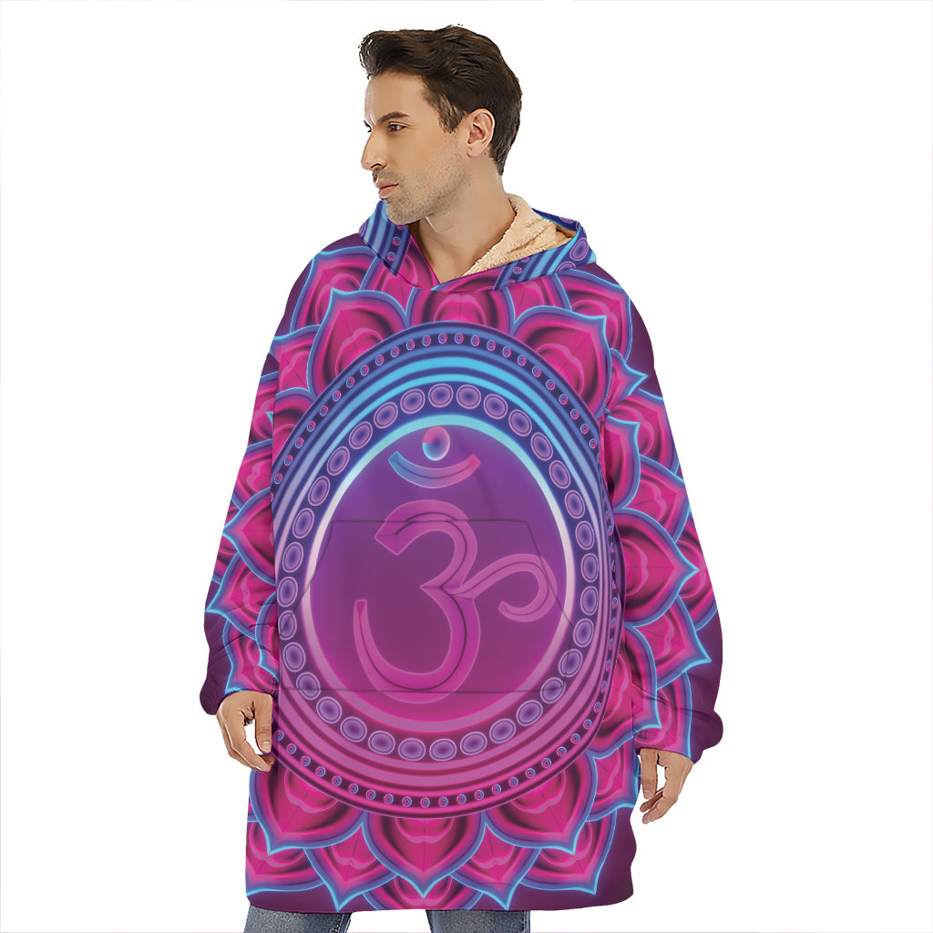 Purple And Teal Om Mandala Print Hoodie Blanket