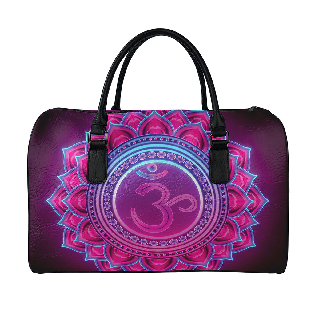 Purple And Teal Om Mandala Print Leather Duffle Bag