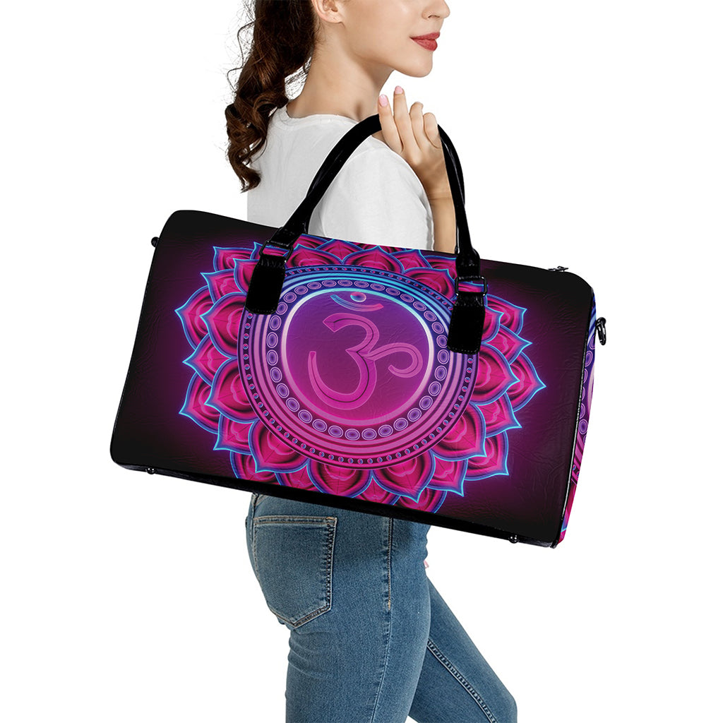 Purple And Teal Om Mandala Print Leather Duffle Bag