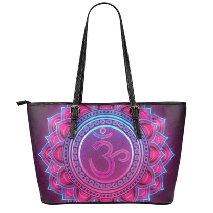 Purple And Teal Om Mandala Print Leather Tote Bag