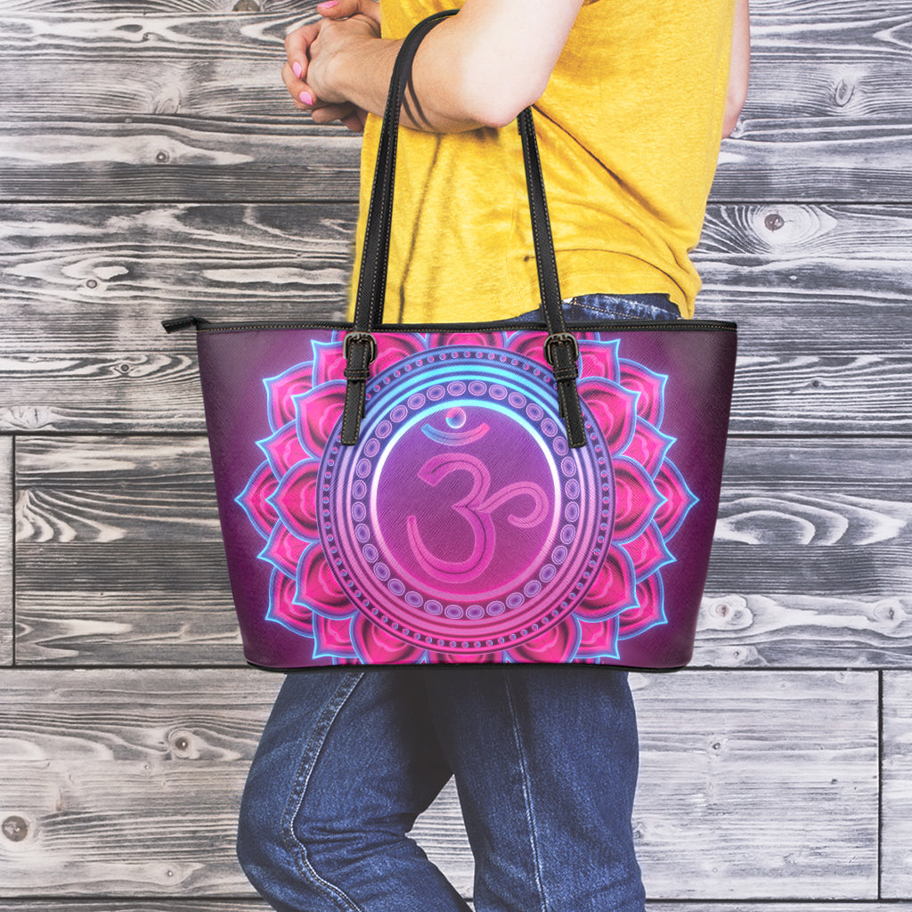 Purple And Teal Om Mandala Print Leather Tote Bag