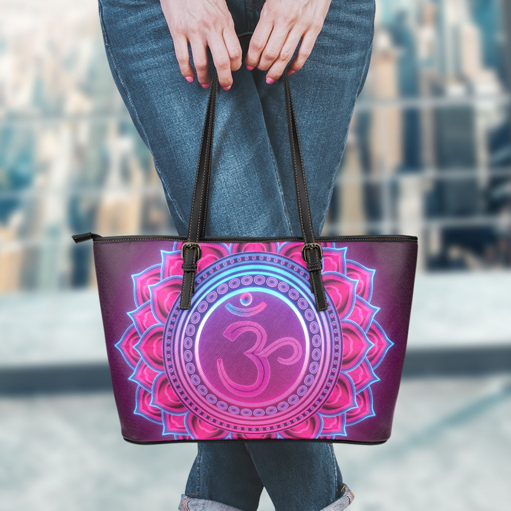 Purple And Teal Om Mandala Print Leather Tote Bag