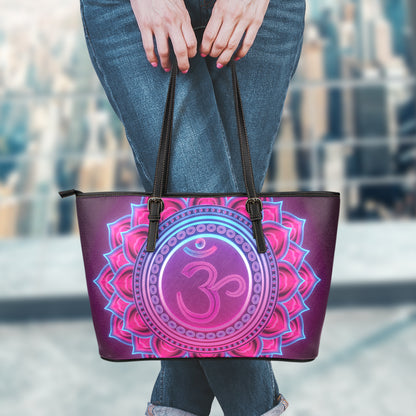 Purple And Teal Om Mandala Print Leather Tote Bag