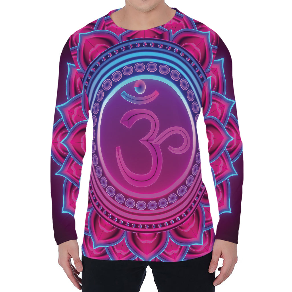 Purple And Teal Om Mandala Print Men's Long Sleeve T-Shirt