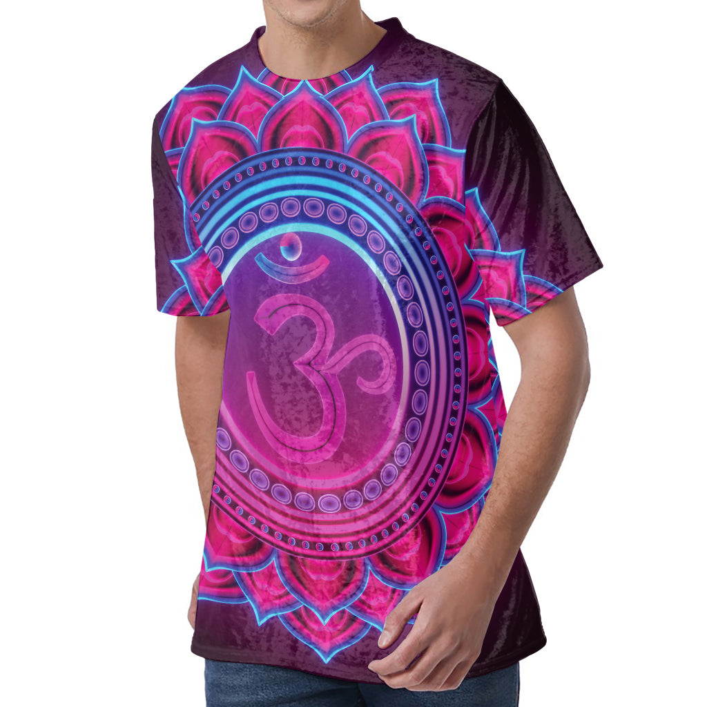 Purple And Teal Om Mandala Print Men's Velvet T-Shirt
