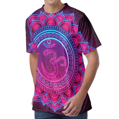 Purple And Teal Om Mandala Print Men's Velvet T-Shirt