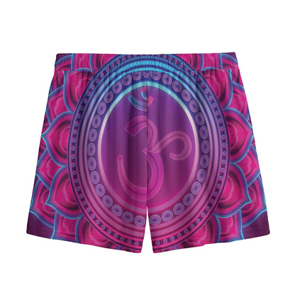 Purple And Teal Om Mandala Print Mesh Shorts
