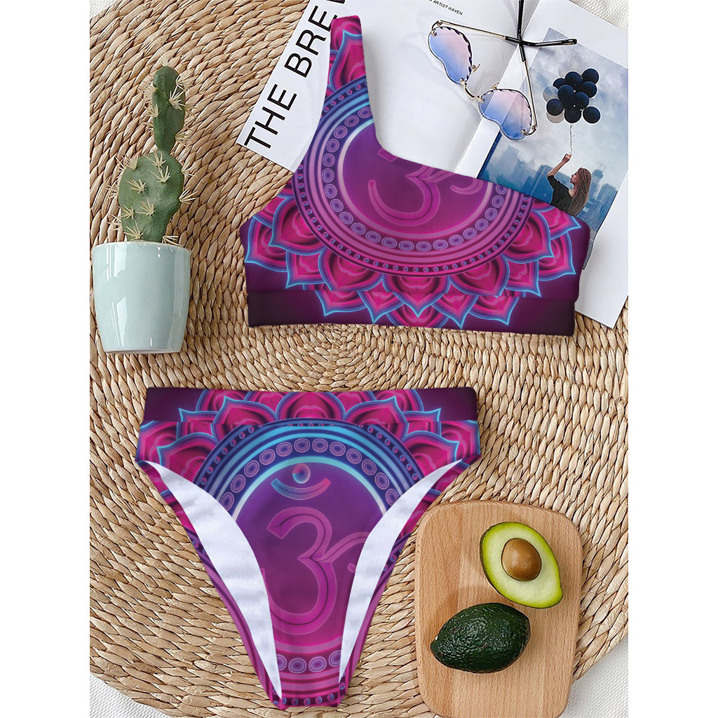 Purple And Teal Om Mandala Print One Shoulder Bikini Top