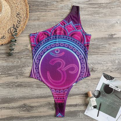Purple And Teal Om Mandala Print One Shoulder Bodysuit