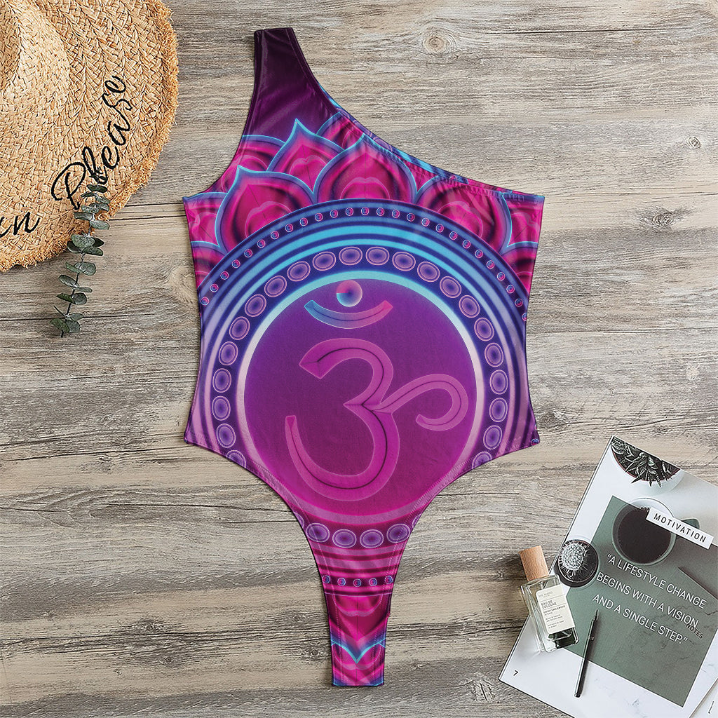 Purple And Teal Om Mandala Print One Shoulder Bodysuit