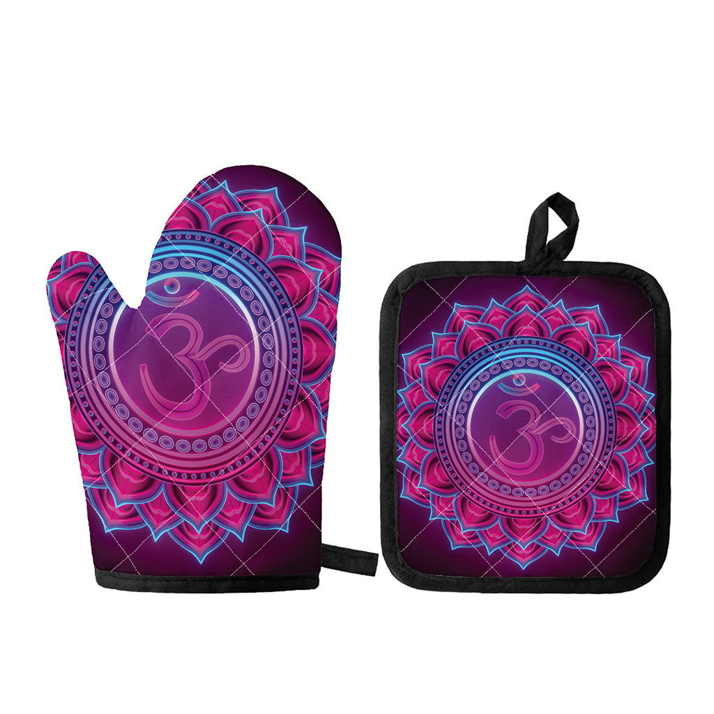 Purple And Teal Om Mandala Print Oven Mitt And Pot Holder Set