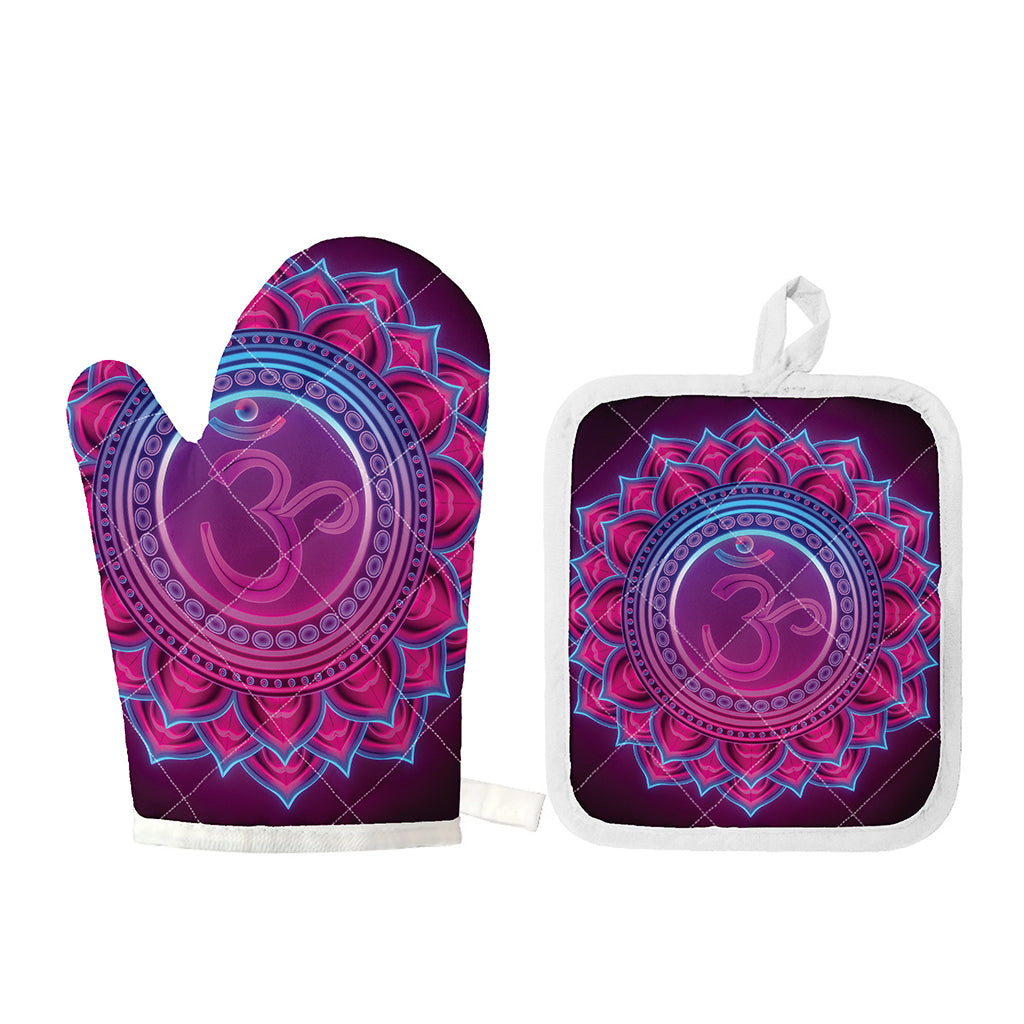 Purple And Teal Om Mandala Print Oven Mitt And Pot Holder Set