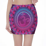Purple And Teal Om Mandala Print Pencil Mini Skirt