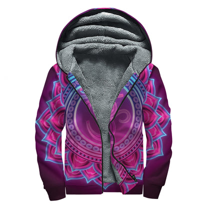 Purple And Teal Om Mandala Print Sherpa Lined Zip Up Hoodie