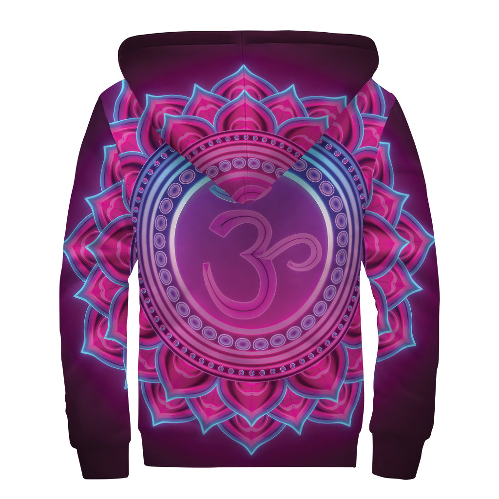 Purple And Teal Om Mandala Print Sherpa Lined Zip Up Hoodie