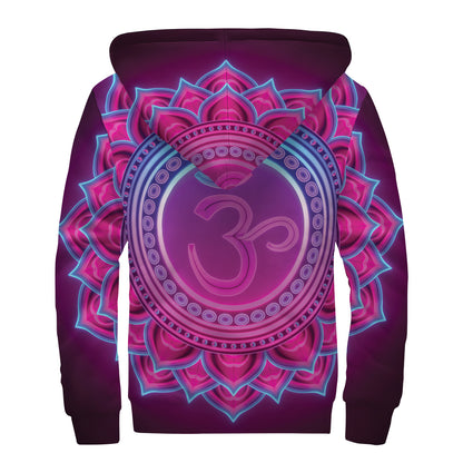 Purple And Teal Om Mandala Print Sherpa Lined Zip Up Hoodie