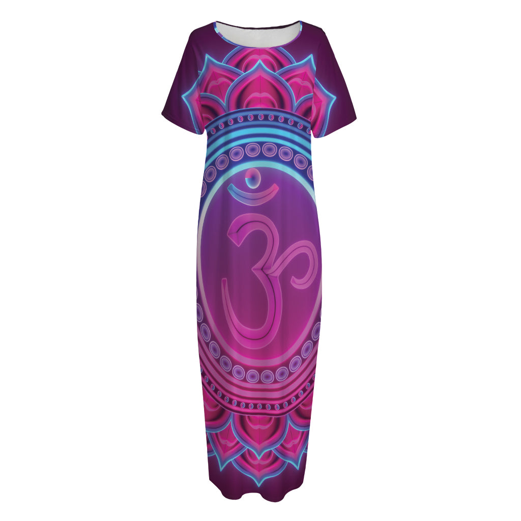 Purple And Teal Om Mandala Print Short Sleeve Long Nightdress