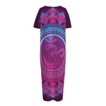 Purple And Teal Om Mandala Print Short Sleeve Long Nightdress