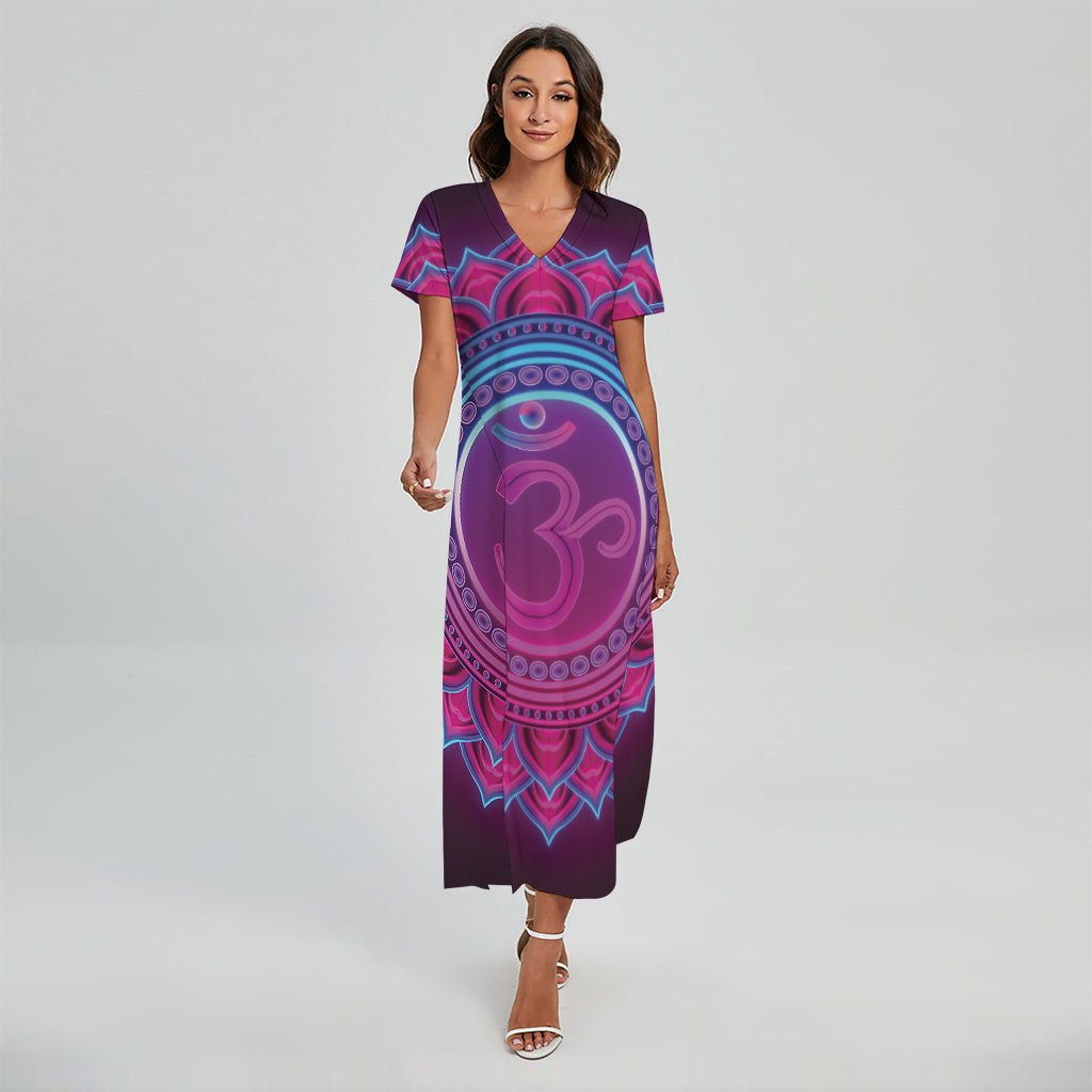 Purple And Teal Om Mandala Print Short Sleeve Maxi Dress
