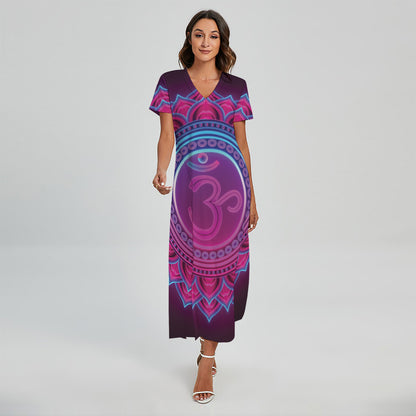 Purple And Teal Om Mandala Print Short Sleeve Maxi Dress