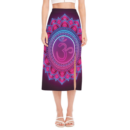 Purple And Teal Om Mandala Print Side Slit Midi Skirt