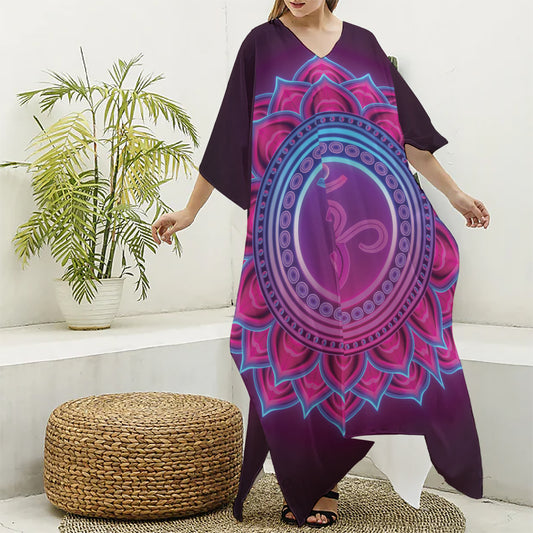 Purple And Teal Om Mandala Print Silk V-Neck Kaftan Dress