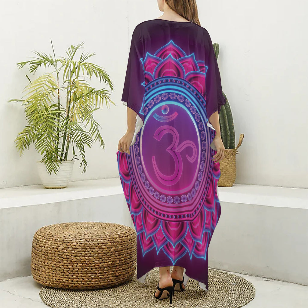 Purple And Teal Om Mandala Print Silk V-Neck Kaftan Dress