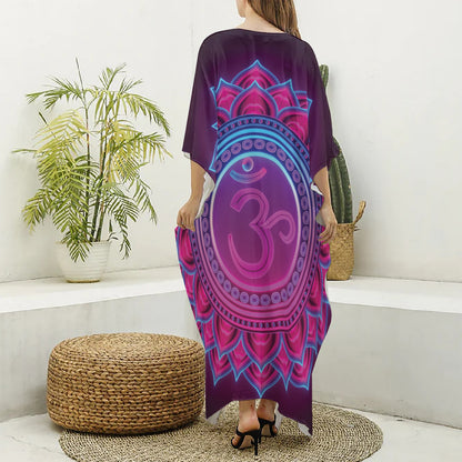 Purple And Teal Om Mandala Print Silk V-Neck Kaftan Dress