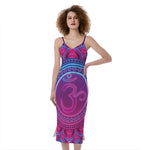 Purple And Teal Om Mandala Print Slim Fit Midi Cami Dress