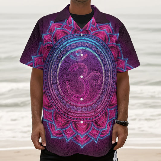 Purple And Teal Om Mandala Print Textured Short Sleeve Shirt