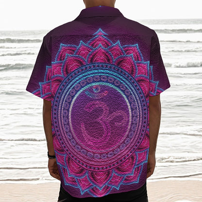 Purple And Teal Om Mandala Print Textured Short Sleeve Shirt