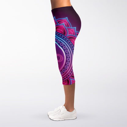 Purple And Teal Om Mandala Print Women's Capri Leggings