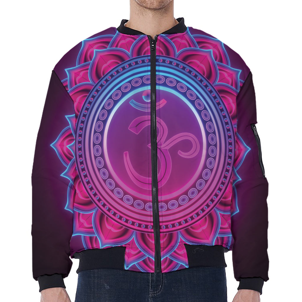 Purple And Teal Om Mandala Print Zip Sleeve Bomber Jacket