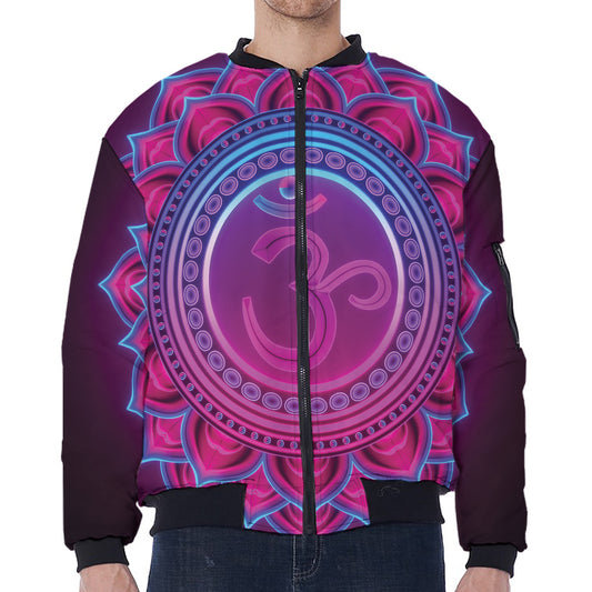 Purple And Teal Om Mandala Print Zip Sleeve Bomber Jacket