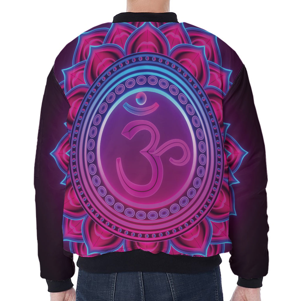 Purple And Teal Om Mandala Print Zip Sleeve Bomber Jacket