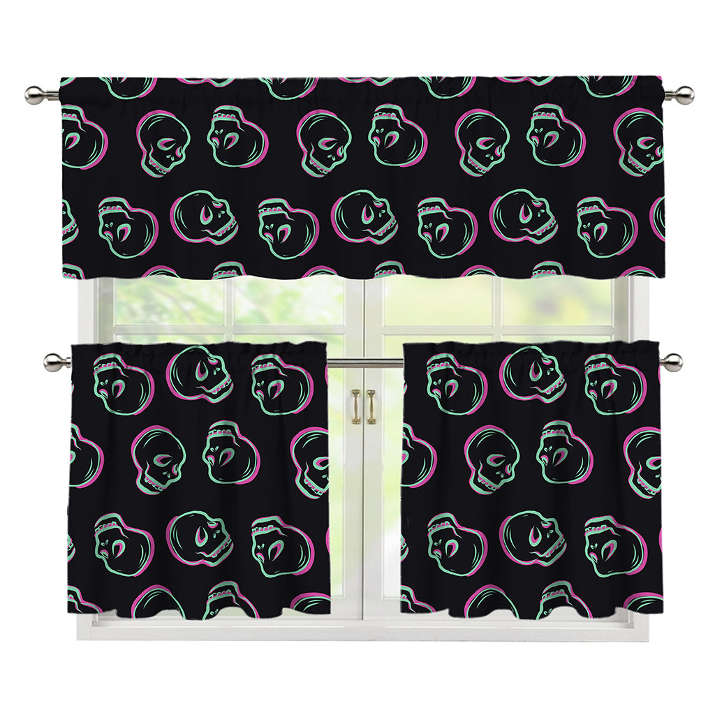 Purple And Teal Skull Pattern Print 3 Piece Kitchen Curtains