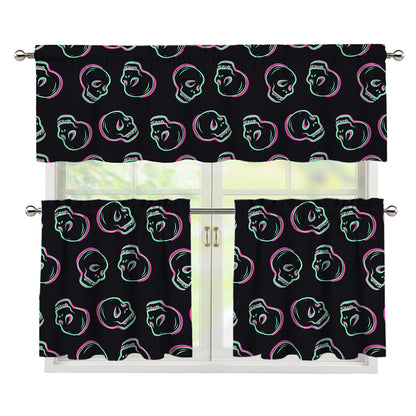 Purple And Teal Skull Pattern Print 3 Piece Kitchen Curtains